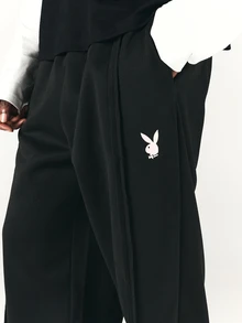 PLAYBOY X SUMWON Bunny Embroidered Wide Leg Sweatpants With Side Pockets Relaxed Fit Casual Lounge Trousers Fall Winter Essentials - Black - View 5