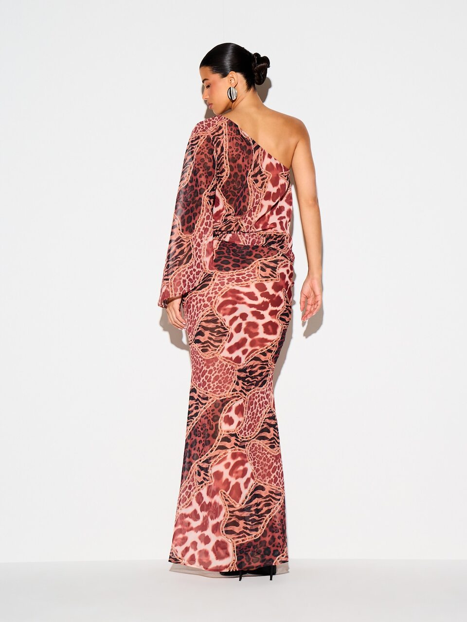 KIZN One-Shoulder Animal Print Maxi Dress With Bell Sleeve