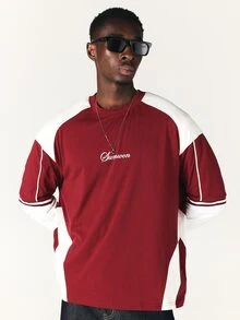 SUMWON Team 09 Color Block Oversized Long Sleeve Crew Neck Jersey Top With Contrast Piping And Varsity Back Print - Burgundy - View 4