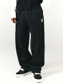 PLAYBOY X SUMWON Bunny Embroidered Wide Leg Sweatpants With Side Pockets Relaxed Fit Casual Lounge Trousers Fall Winter Essentials - Black - View 4