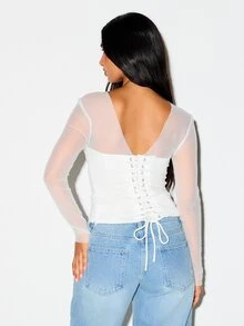 KIZN Mesh Long Sleeve Corset Top With Sweetheart Bustier Lace-Up Back Detail Crop Length Party Night Out - White - View 2