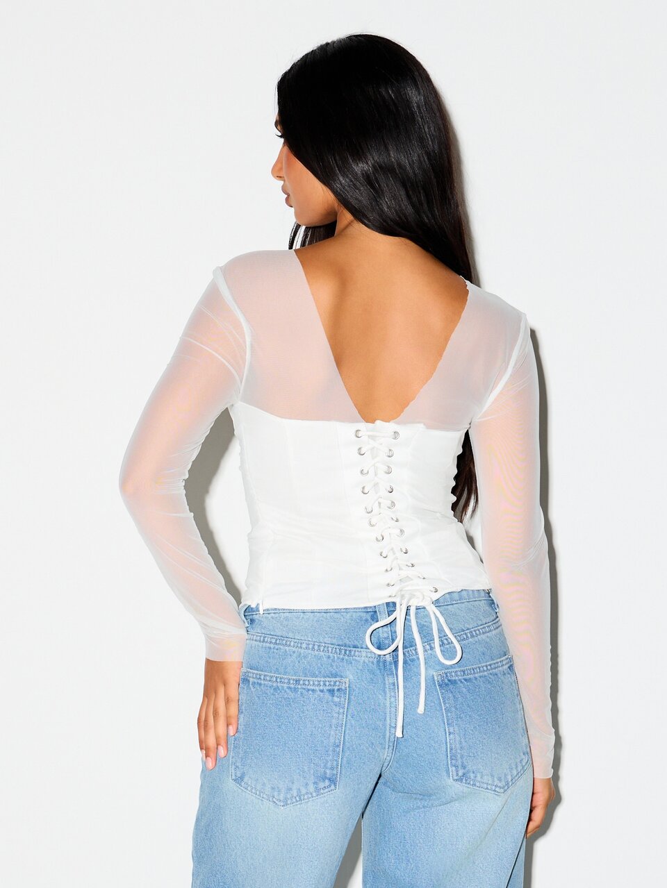 KIZN Mesh Long Sleeve Corset Top With Lace-Up Back
