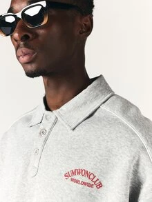SUMWON Club Worldwide 刺繡 Polo 領寬鬆方正版大尺寸運動衫，對比滾邊長袖套頭上衣 - 灰色 - 查看 5
