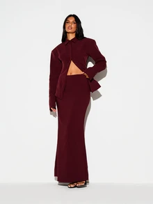 KIZN Bodycon Maxi Skirt With Side Split Mid Rise Smooth Knit Floor Length Pencil Silhouette Fall Winter Evening Party - Burgundy - View 2