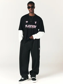 PLAYBOY X SUMWON Bunny Embroidered Wide Leg Sweatpants With Side Pockets Relaxed Fit Casual Lounge Trousers Fall Winter Essentials - Black - View 3