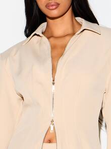KIZN Structured Shoulder Zip-Up Collared Shirt With Bell Sleeves And Gold Zipper Tailored Fitted Blazer Style Top For Office Spring Summer - Khaki - View 4