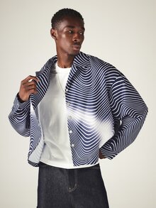 SUMWON Crop Fit Oversized Wavy Swirl Print Satin Jacket With Spread Collar Long Sleeve Button Front Closure All Over Abstract Navy Pattern - Navy Blue - View 5