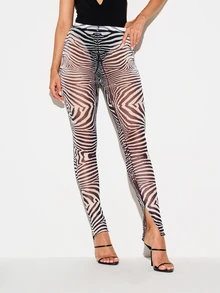 KIZN Zebra Print Sheer Mesh High Rise Leggings With Front Split Hem And Skinny Full Length Leg Style - Black - View 1