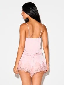 KIZN Satin Lace Trim Cami And Shorts Lounge Set V-Neck Adjustable Straps Floral Lace Hem Co-Ord Pajama Two-Piece Valentine Night Set - Dusty Pink - View 2