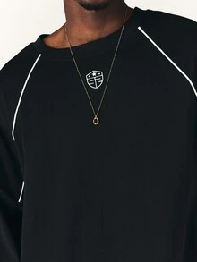 SUMWON Oversized Long Sleeve Crew Neck Tee With Contrast Piping And Varsity Number 90 Back Print Street Style Top - Black - View 5
