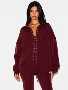 KIZN Oversized Lace-Up Front Collared Shirt With Metal Eyelets Long Sleeve Drop Shoulder Longline Top Fall Winter Essential - Red - View 1