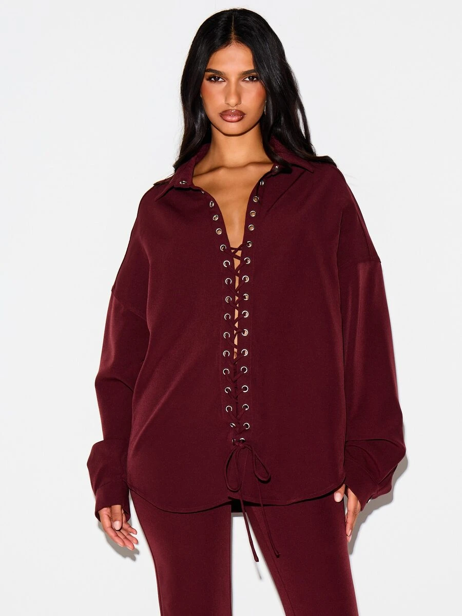 KIZN Oversized Lace-Up Front Collared Shirt With Metal Eyelets Long Sleeve Drop Shoulder Longline Top Fall Winter Essential - Red - View 1