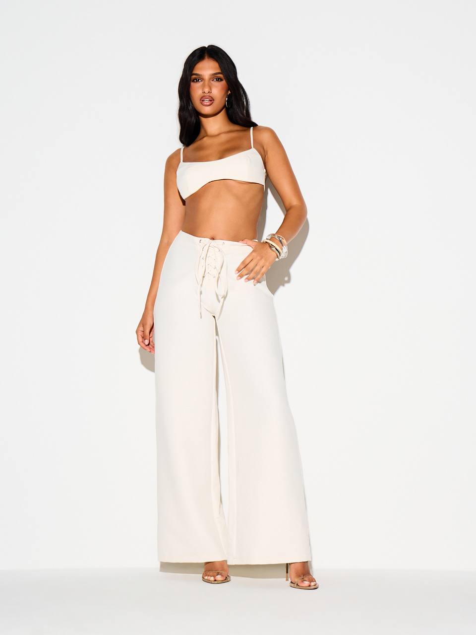 KIZN Wide Leg Lace-Up Palazzo Pants With Metal Eyelets