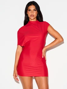 KIZN Red Backless Mini Dress With High Neck Open Back Draped Overlay Short Sleeve Bodycon Silhouette Night Out Party Holiday - Red - View 1