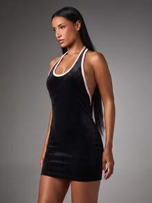 BABYPHAT Velvet Halter Mini Dress With Open Back And Pink Contrast Trim Logo Script Detail Party Night Out - Black - View 4
