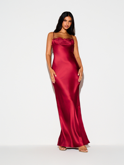 KIZN Satin Maxi Slip Dress With Lace Trim Sweetheart Neckline Mermaid Silhouette Formal Evening Gown Wedding Guest Party