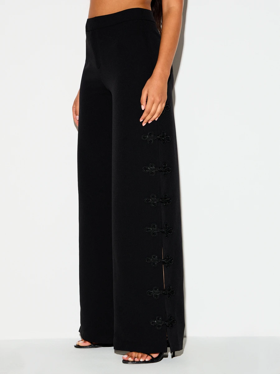 KIZN Wide Leg High Rise Dress Pants With Oriental Frog Button Side Detail And Split Hem For Evening Party Holiday Occasion - Black - View 1
