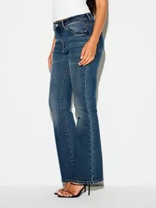 KIZN Dark Wash Bootcut Jeans Mid Rise Full Length Five Pocket Classic Denim Flare Hem Everyday Casual Fall Winter Style - Blue - View 4