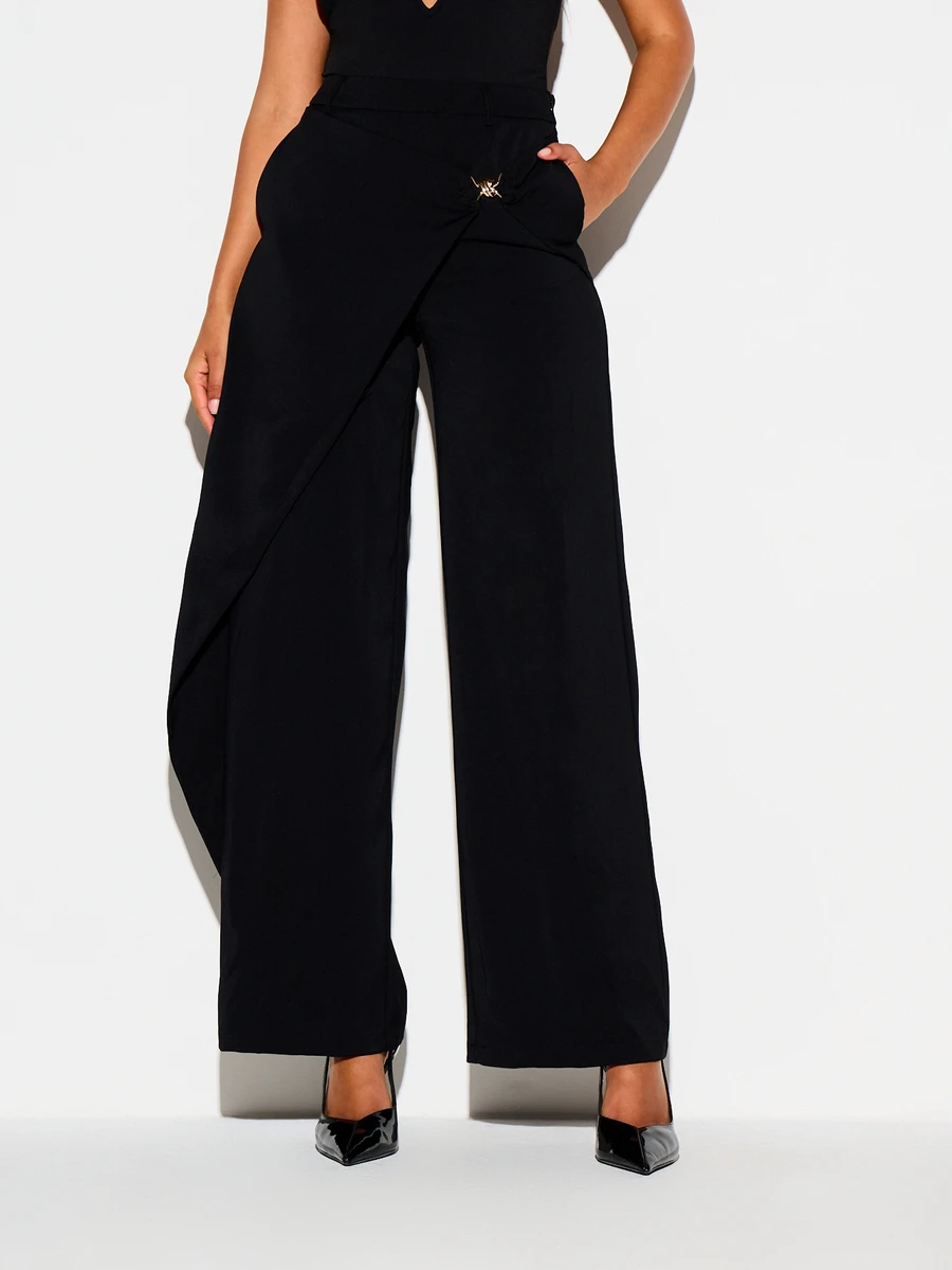 KIZN Wide Leg Wrap Front High Rise Dress Pants With Gold Hardware Detail And Side Pockets For Evening Party And Holiday Occasions - Black - View 1