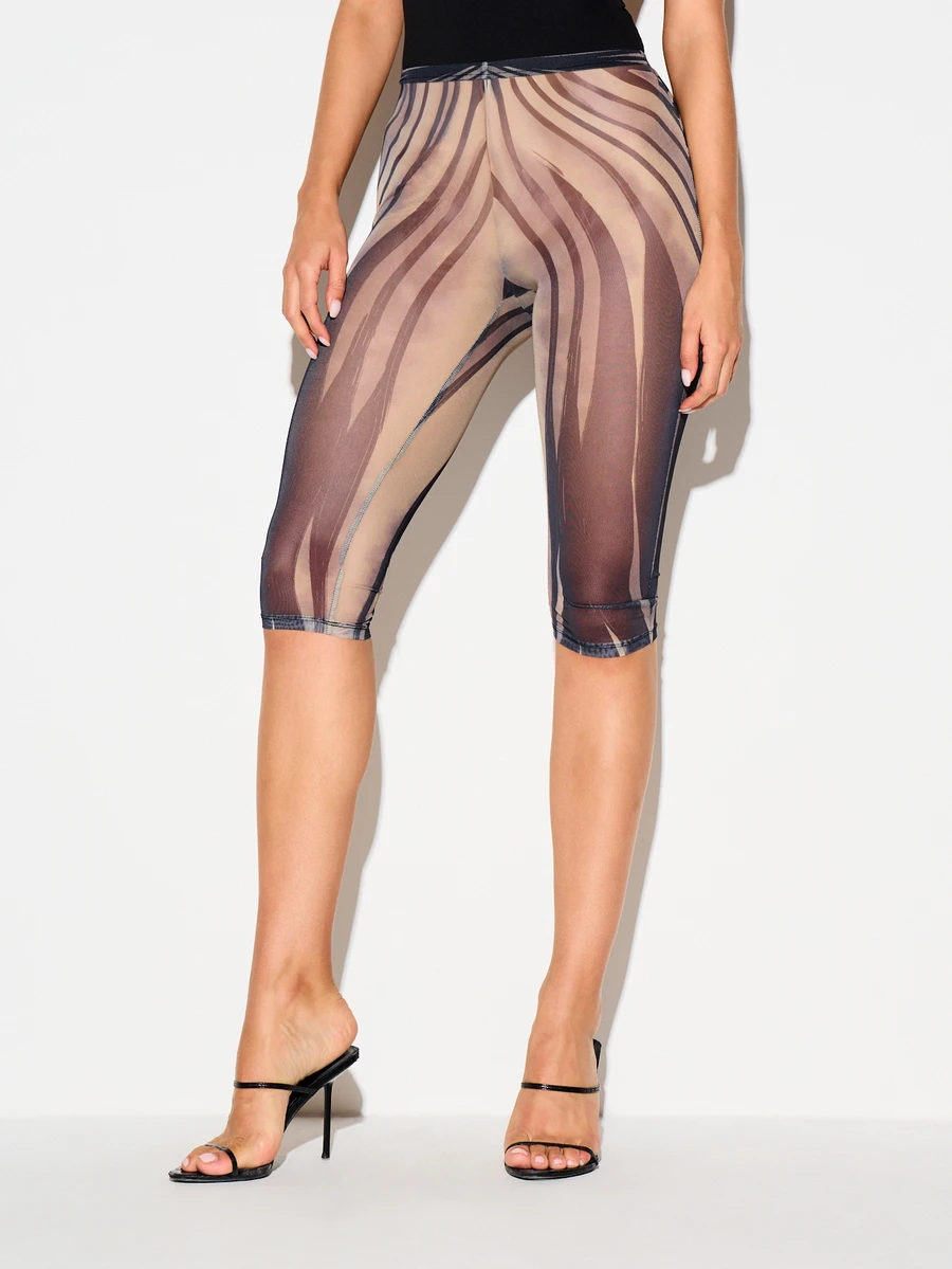 KIZN Mesh See-Through Abstract Print High Rise Cropped Leggings With Swirl Pattern For Summer Festival Season - Brown - View 1