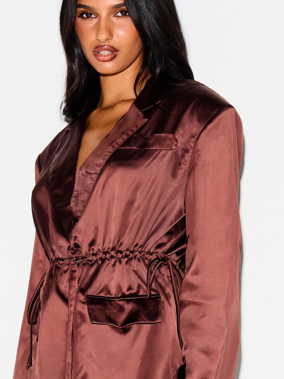 KIZN Satin Blazer With Drawstring Waist And Patch Pockets