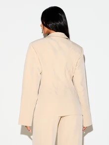 KIZN Structured Shoulder Zip-Up Collared Shirt With Bell Sleeves And Gold Zipper Tailored Fitted Blazer Style Top For Office Spring Summer - Khaki - View 2