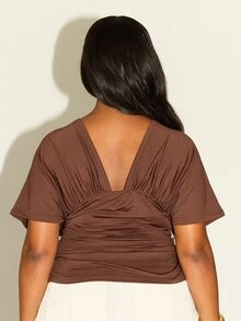 FASHION SZN Plus Size Plunge Top Angel Sleeve Flattering Curve Cinching Stretchy Daily Wear Office Wear To Work Minimal Modern Brown Top Trending - Brown - View 2
