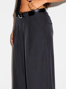 KIZN High Rise Wide Leg Pleated Dress Pants Tailored Charcoal Trousers Full Length Office Smart Casual Spring Summer Belted - Dark Grey - View 5