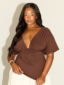 FASHION SZN Plus Size Plunge Top Angel Sleeve Flattering Curve Cinching Stretchy Daily Wear Office Wear To Work Minimal Modern Brown Top Trending - Brown - View 6