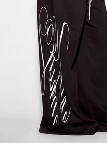 SUMWON WOMEN Crop Fit Wide Leg Drawstring Sweatpants With Contrast Waistband And Large Script Logo Leg Print Casual Relaxed Fit Full Length Trousers - Black - View 3