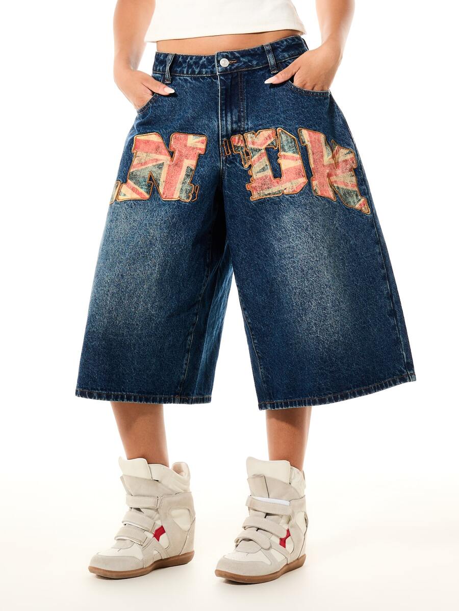 SUMWON WOMEN London Union Jack Applique Wide Leg Denim Jorts Baggy Below Knee Shorts With Flag Letter Print Summer Festival Style - Dark Wash - View 1
