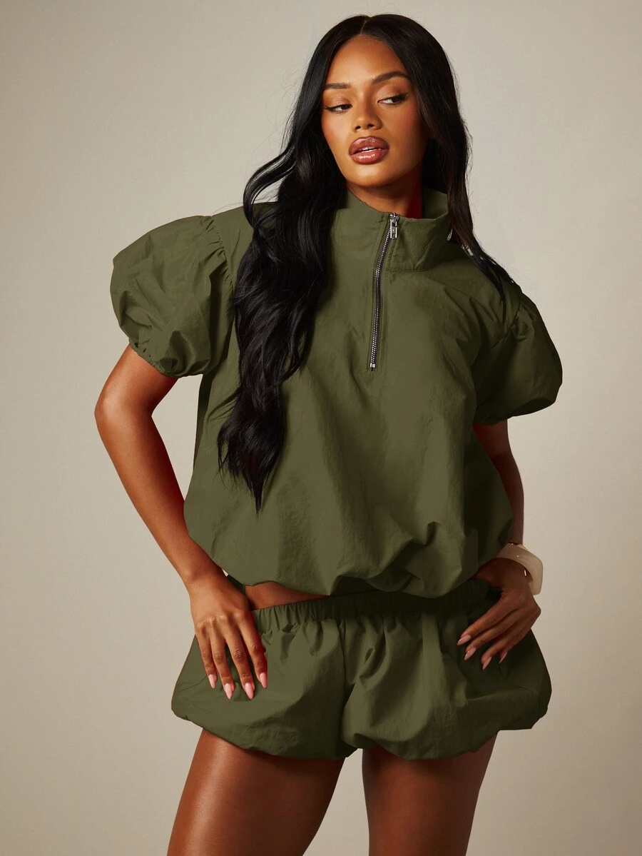 MISSGUIDED 泡泡袖半拉鍊小立領上衣 夏季度假款 - 軍綠色 - 查看 1