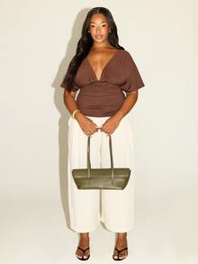 FASHION SZN Plus Size Plunge Top Angel Sleeve Flattering Curve Cinching Stretchy Daily Wear Office Wear To Work Minimal Modern Brown Top Trending - Brown - View 5