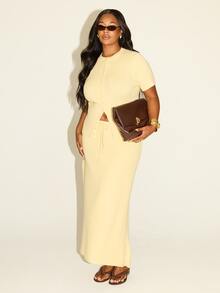 FASHION SZN Plus Size Knitted Maxi Skirt Stretch Soft Knit Butter Yellow Lemon Fall Autumn Essential Long Skirts Fall Clothes For Women Smart Casual Classy Winter - Pale Yellow - View 5