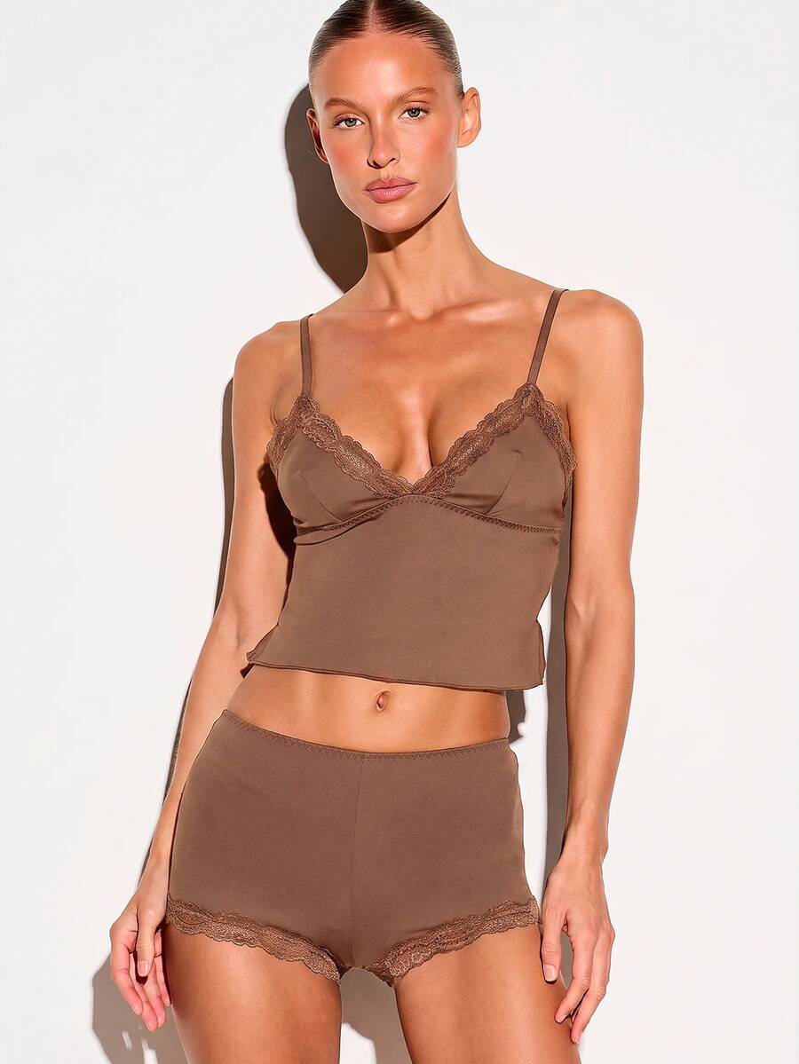 KIZN Lace Trim Crop Camisole Top With Deep V Neckline Spaghetti Straps And Short For Sleepwear And Loungewear Pajama Set - Chocolate Brown - View 1