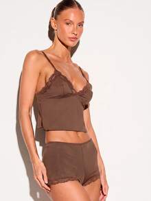 KIZN Lace Trim Crop Camisole Top With Deep V Neckline Spaghetti Straps And Short For Sleepwear And Loungewear Pajama Set - Chocolate Brown - View 3