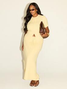 FASHION SZN Plus Size Knitted Maxi Skirt Stretch Soft Knit Butter Yellow Lemon Fall Autumn Essential Long Skirts Fall Clothes For Women Smart Casual Classy Winter - Pale Yellow - View 7