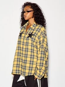 SUMWON WOMEN Oversized Mustard Plaid Flannel Shirt With Black Star Applique Detail Collared Button-Down Long Sleeve Casual Top - Yellow - View 4