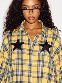 SUMWON WOMEN Oversized Mustard Plaid Flannel Shirt With Black Star Applique Detail Collared Button-Down Long Sleeve Casual Top - Yellow - View 2