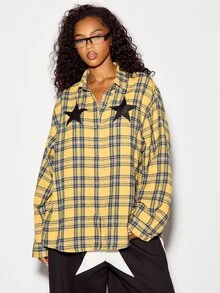 SUMWON WOMEN Oversized Mustard Plaid Flannel Shirt With Black Star Applique Detail Collared Button-Down Long Sleeve Casual Top - Yellow - View 1