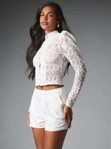 MISSGUIDED Floral Lace Crop Blouse With High Neck Puff Long Sleeves And Frog Button Front Closure Semi Sheer Spring Summer Party Top - White - View 1