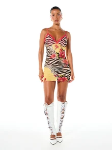SUMWON Zebra Floral Mixed Animal Print Mini Bodycon Dress With V-Neck Lace Trim Spaghetti Straps And Lettuce Hem Summer Party Festival - Yellow - View 3