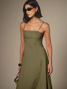 KSTM Square Neck Spaghetti Strap Midi Dress With Tiered A-Line Skirt And Back Zip Closure For Summer Vacation - Army Green - View 5