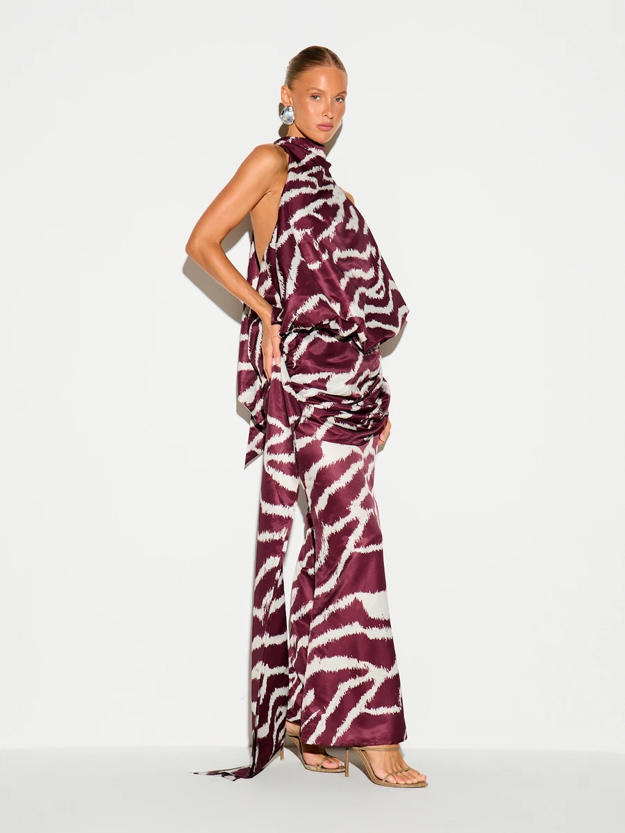 KIZN Halter Neck Open Back Satin Maxi Dress With Abstract Animal Print ...