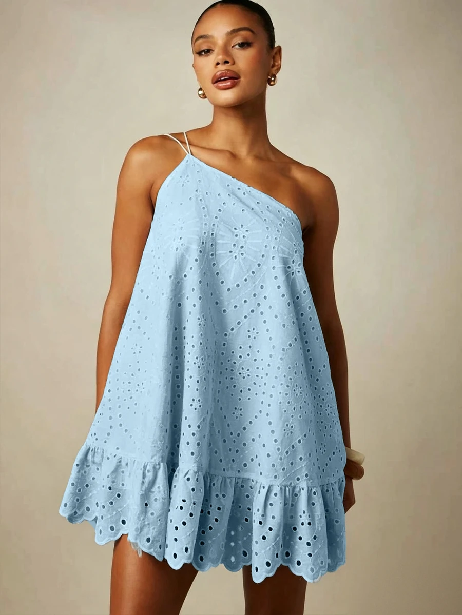 MISSGUIDED One Shoulder Eyelet Embroidered Mini Dress With Ruffle Hem Scallop Edge And Double Strap Summer Holiday Beach - Baby Blue - View 1
