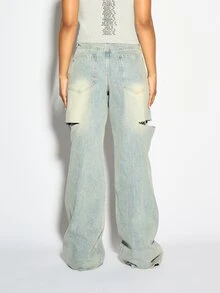 SUMWON WOMEN Wide Leg Ripped Jeans With Acid Wash Distressed Knee Cutouts Low Rise Baggy Fit Retro Y2K Style Long Denim Trousers - Light Wash - View 5
