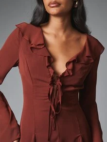 Ruffle V-Neck Tie-Front Mini Dress With Bell Sleeves Fit And Flare Silhouette Fall Winter Party Evening - Dark Brown - View 5