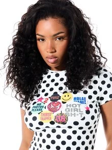 SUMWON Polka Dot Crop Slim Fit Tee With Colorful Sticker Patch Graphic Print Crew Neck Short Sleeve Fitted Summer Festival Top - Black and White - View 6