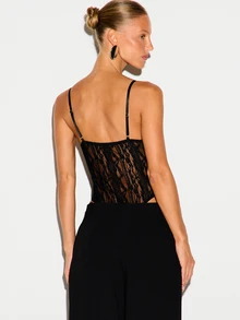 KIZN Blumenspitze Bodysuit mit tiefem Ausschnitt, Korsett-Stäbchen, transparenten Spaghettiträgern und tiefem V-Ausschnitt für Party und Ausgehen - Schwarz - Übersicht 3