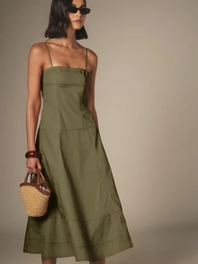 KSTM Square Neck Spaghetti Strap Midi Dress With Tiered A-Line Skirt And Back Zip Closure For Summer Vacation - Army Green - View 1